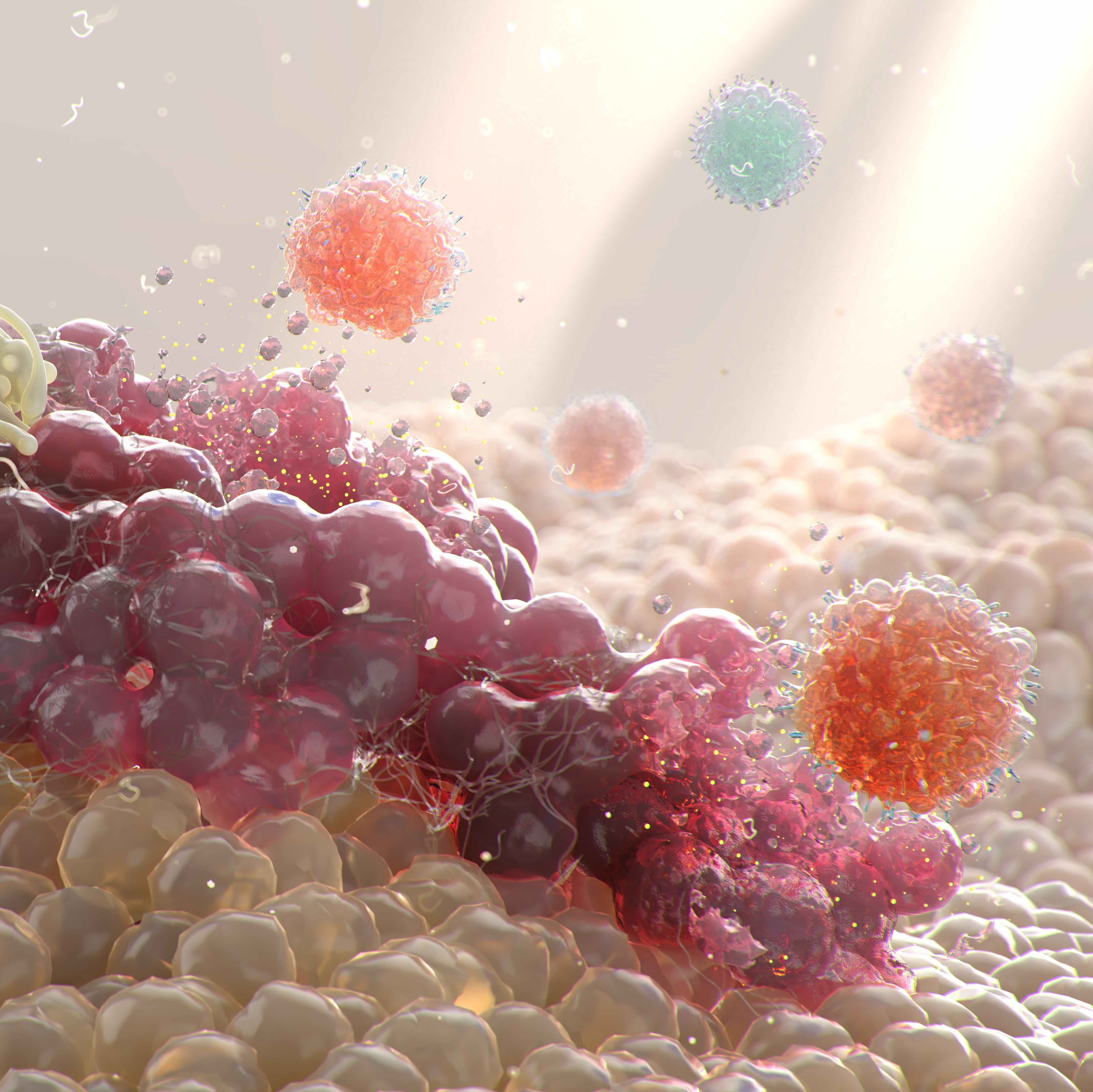 CAR-T cell therapy visualization showing engineered T-cells targeting cancer